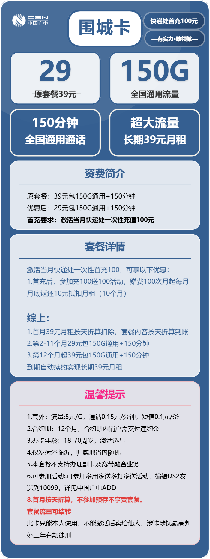 广电围城卡29元月租包150G通用+150分钟通话
