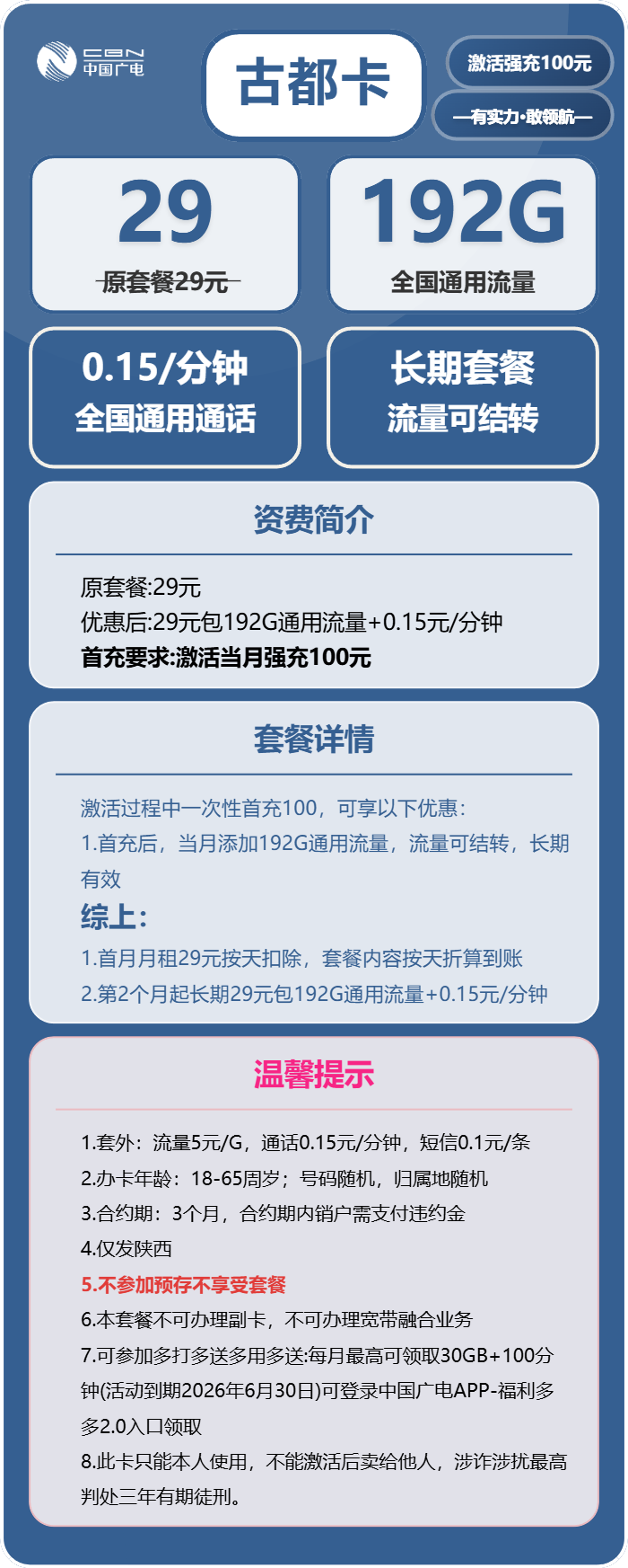 广电古都卡29元月租包192G通用+通话0.15元/分钟