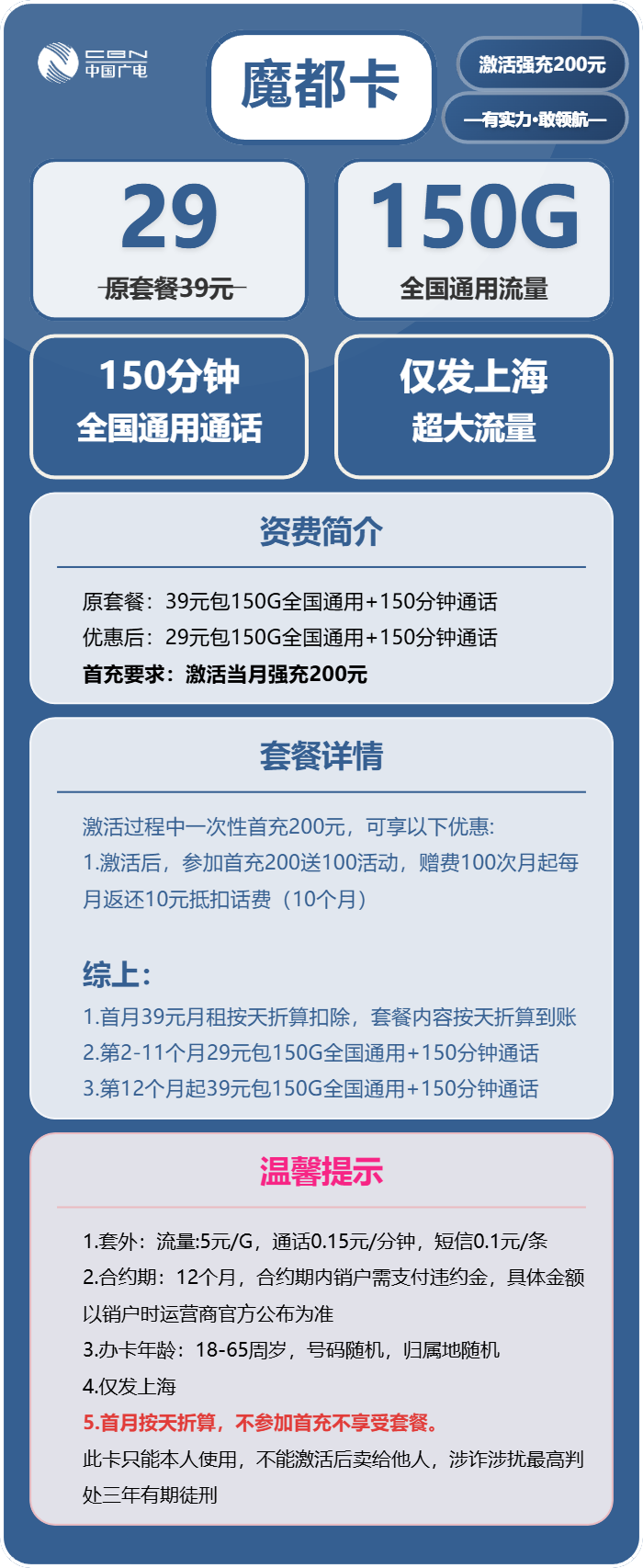 广电魔都卡29元月租包150G通用+150分钟通话