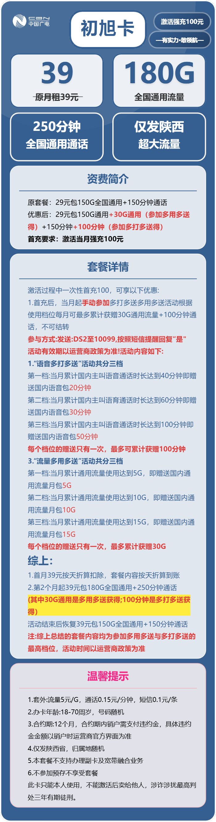 广电初旭卡39元月租包180G通用+250分钟通话