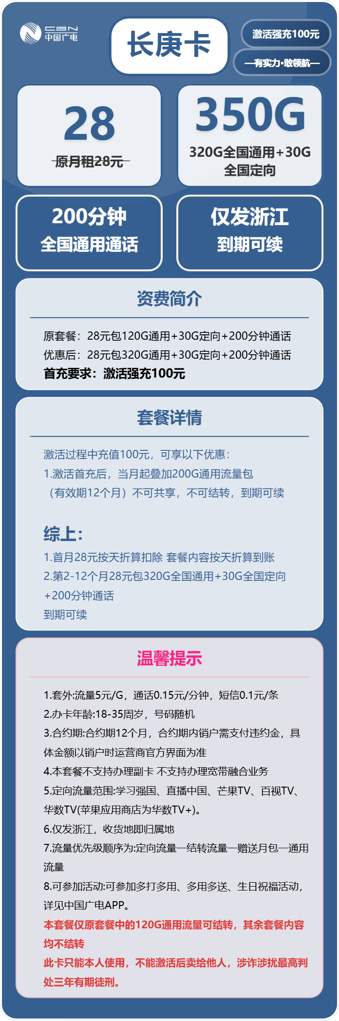 广电长庚卡28元月租包320G通用+30G定向+200分钟通话