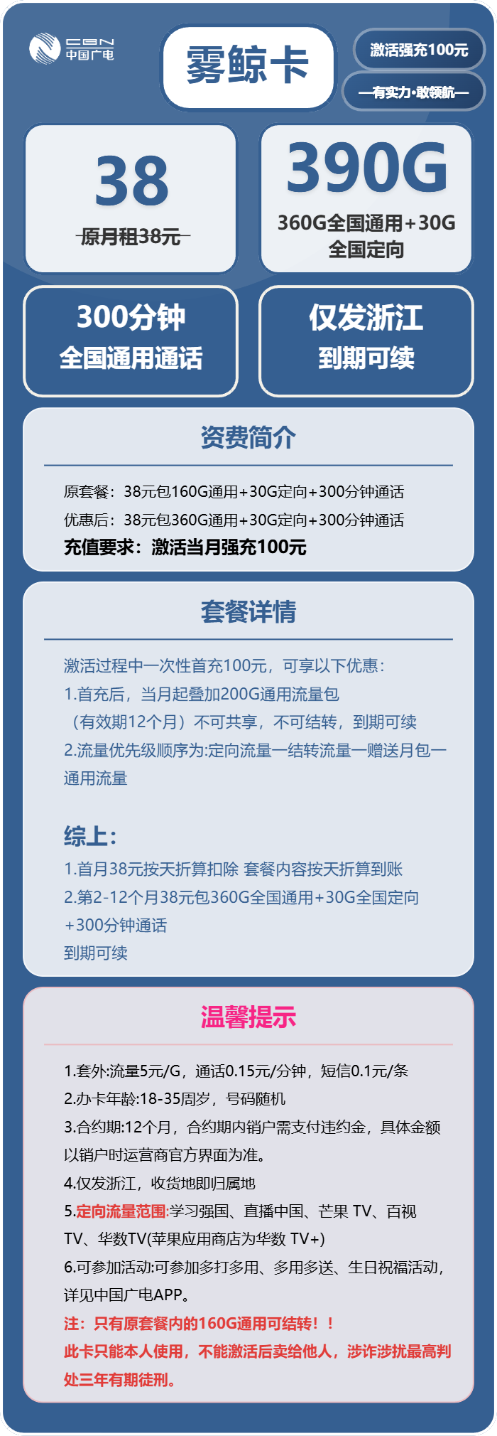 广电雾鲸卡38元月租包360G通用+30G定向+300分钟通话
