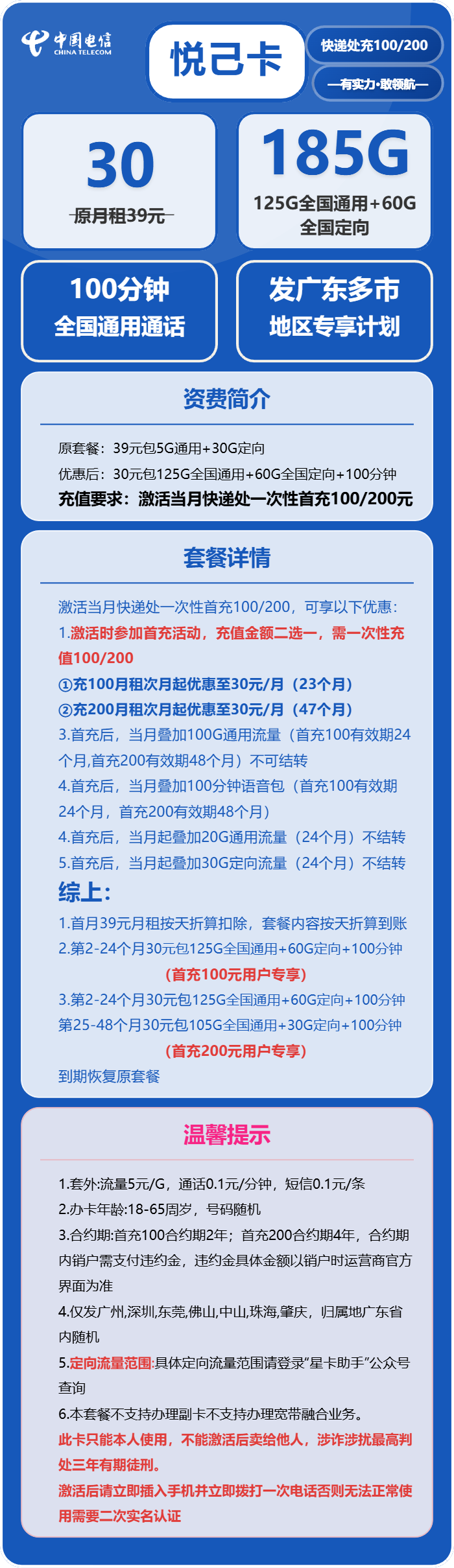 电信悦己卡30元月租包125G通用+60G定向+100分钟通话