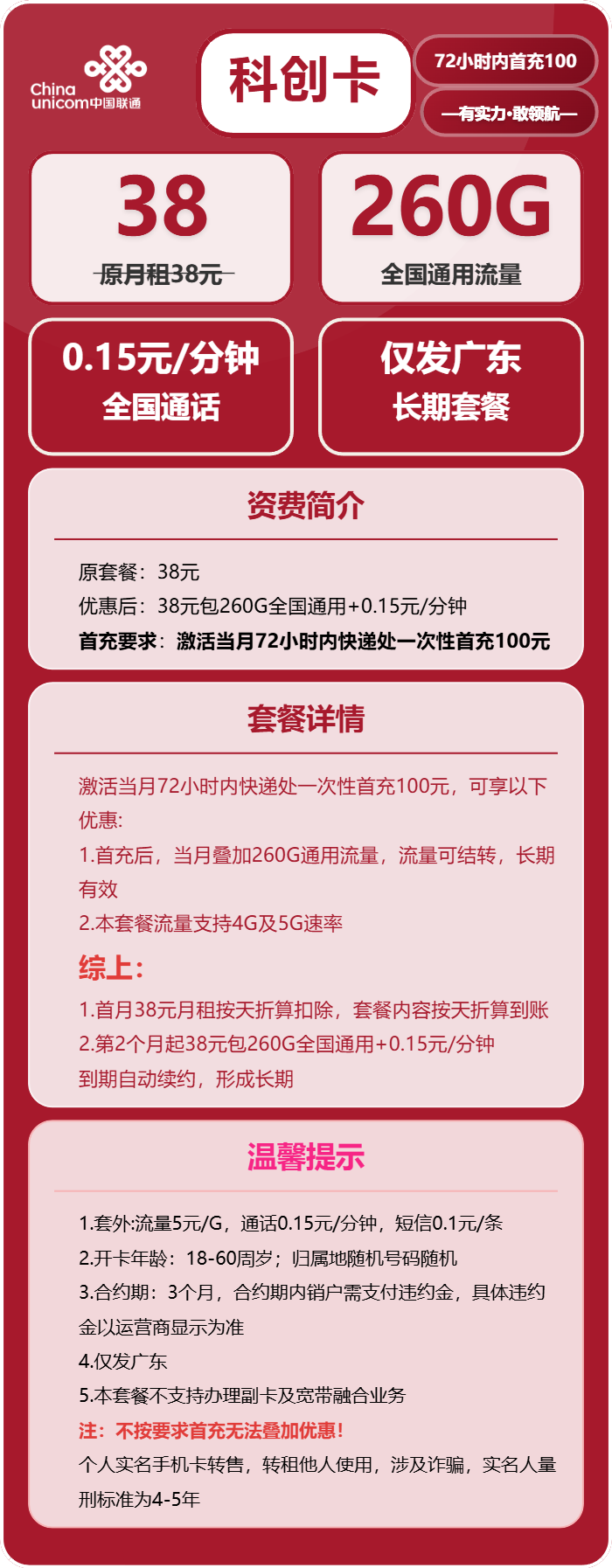 联通科创卡38元月租包260G通用+通话0.15元/分钟