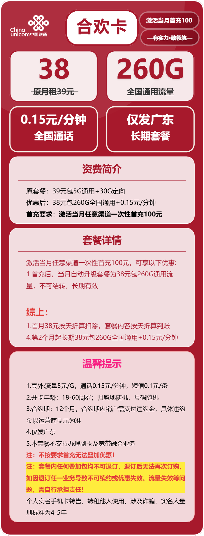 联通合欢卡38元月租包260G通用+通话0.15元/分钟