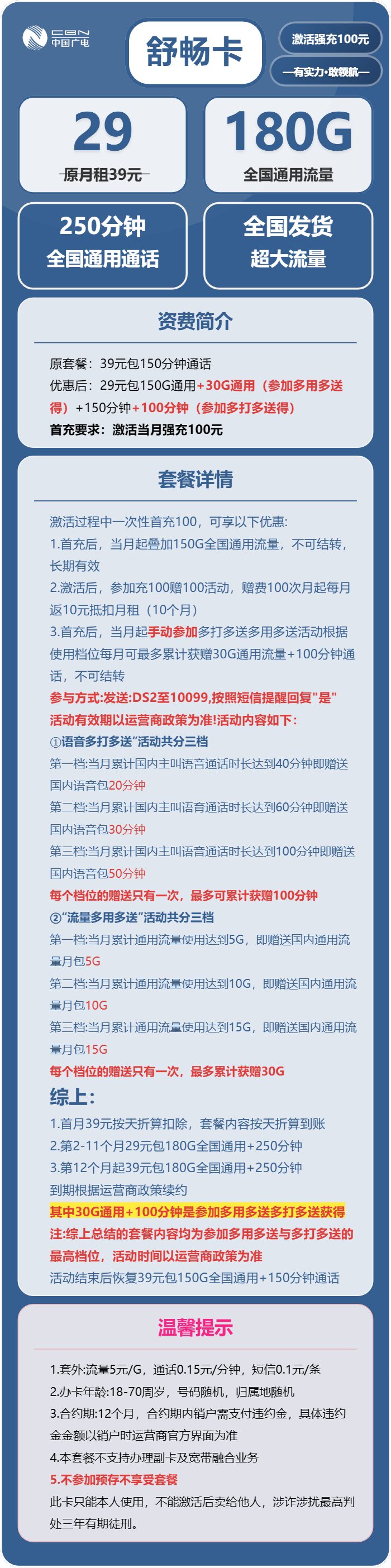 广电舒畅卡29元月租包180G通用+250分钟通话