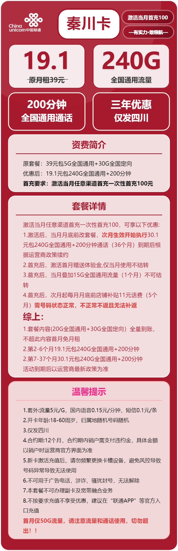 联通秦川卡19.1元月租包240G通用+200分钟通话