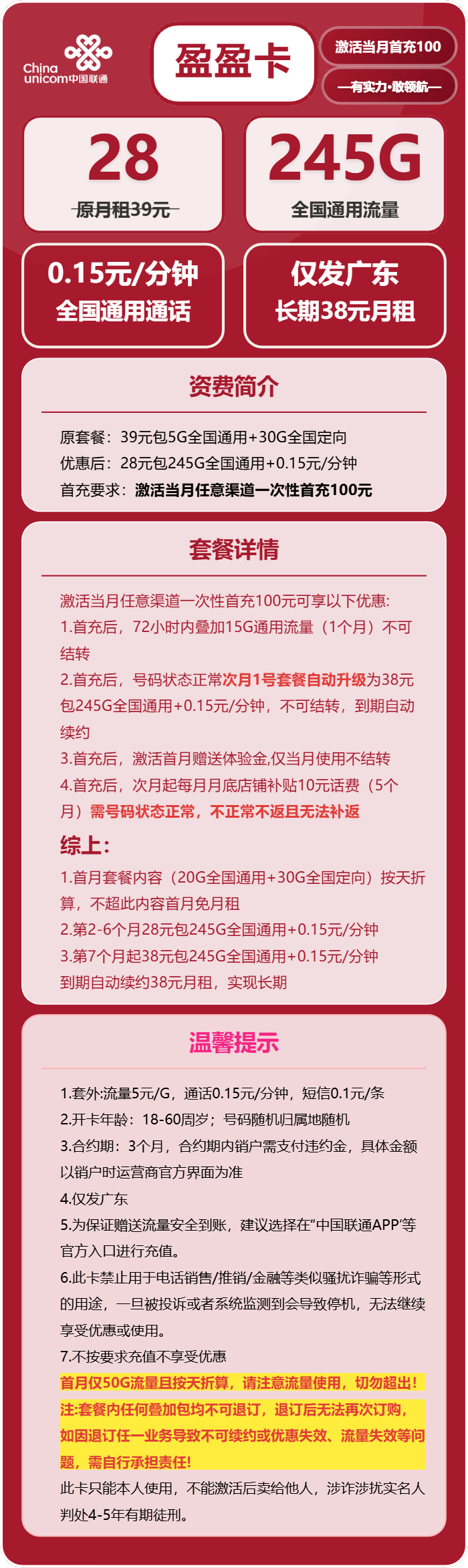 联通盈盈卡28元月租包245G通用+通话0.15元/分钟