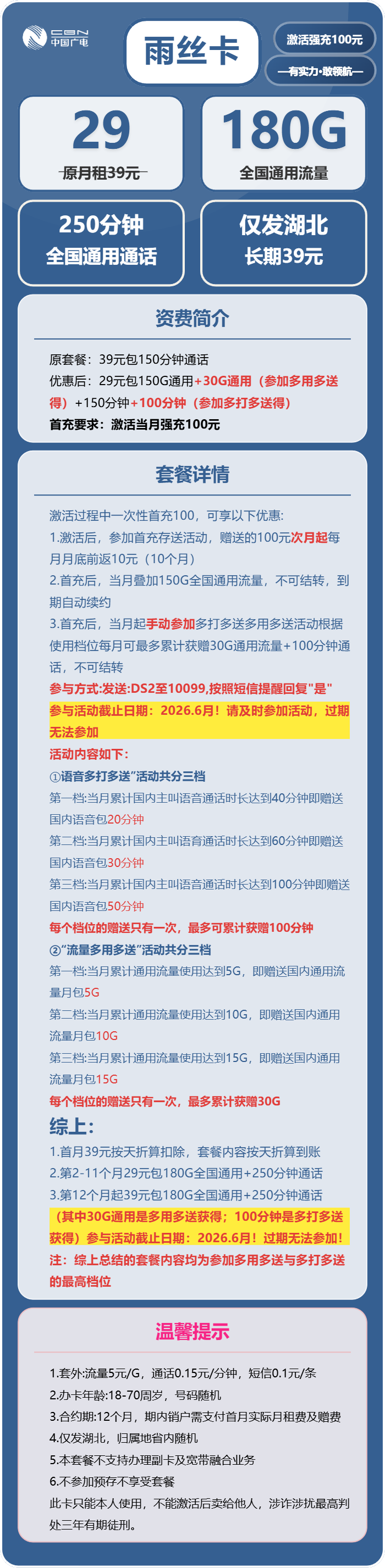 广电雨丝卡29元月租包180G通用+250分钟通话
