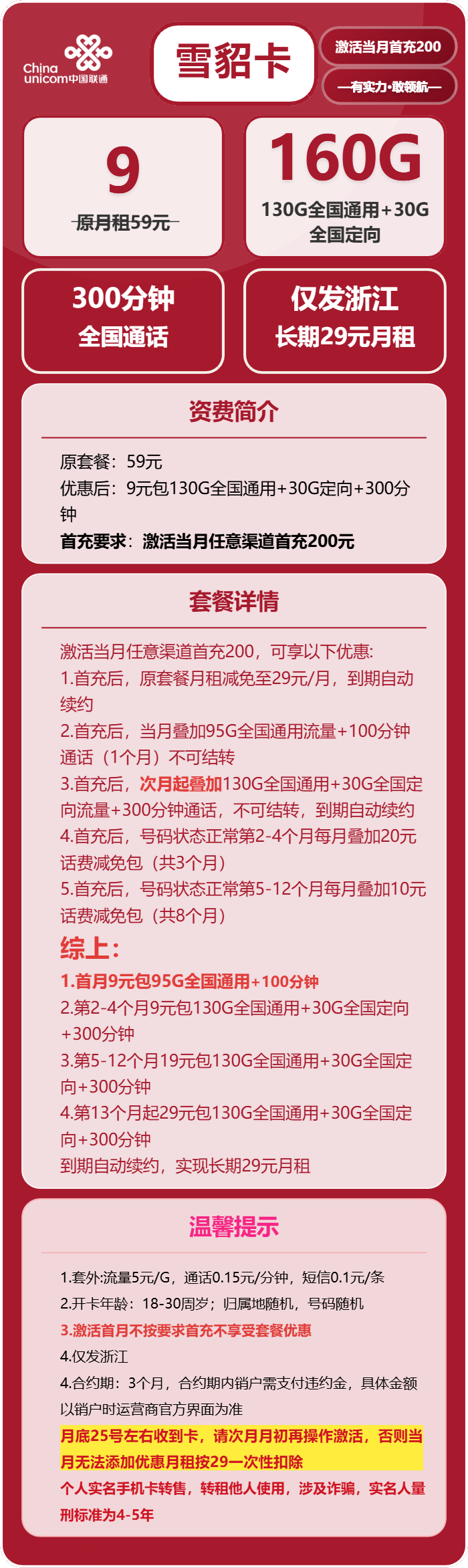 联通雪貂卡9元月租包130G通用+30G定向+300分钟通话