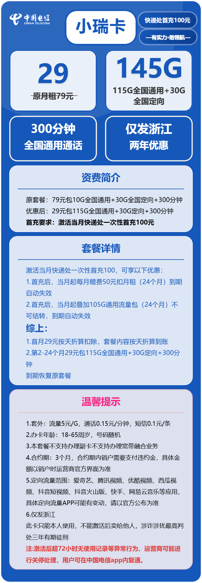 电信小瑞卡29元月租包115G通用+30G定向+300分钟通话