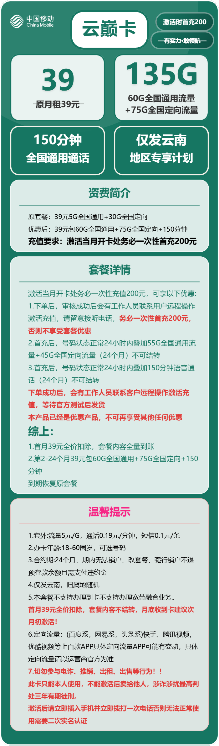 移动云巅卡39元月租包60G通用+75G定向+150分钟通话