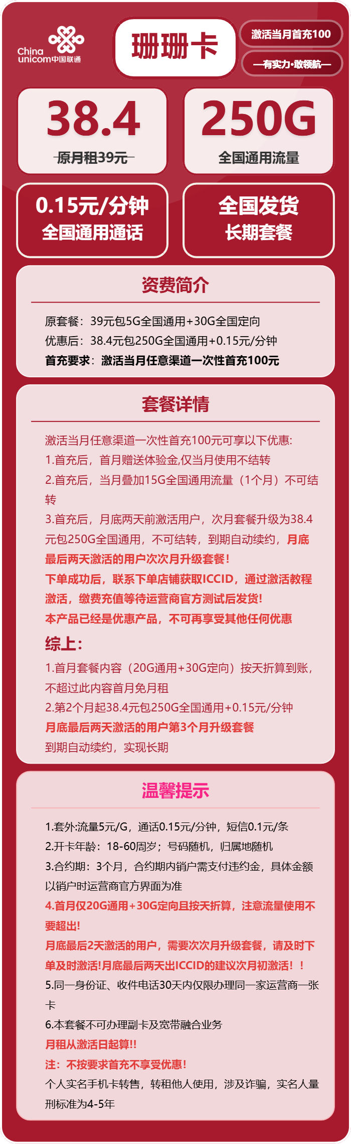联通珊珊卡38.4元月租包250G通用+通话0.15元/分钟