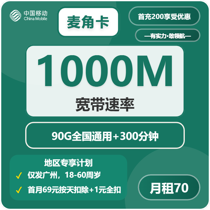 移动麦角卡70元月租包90G通用+300分钟通话+1000M宽带