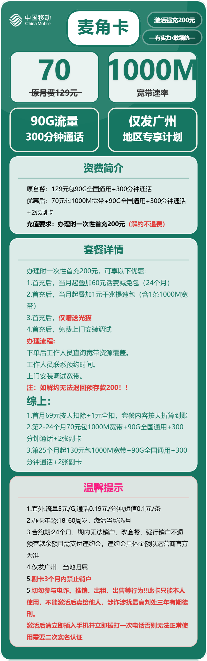 移动麦角卡70元月租包90G通用+300分钟通话+1000M宽带