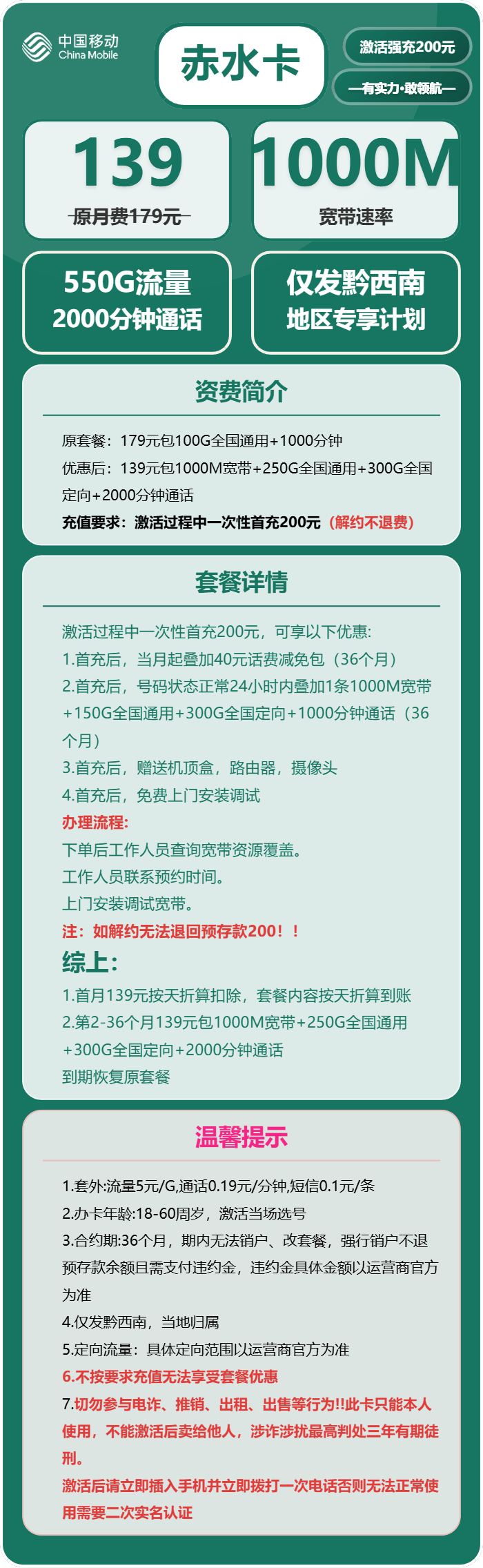 移动赤水卡139元月租包250G通用+300G定向+2000分钟通话+1000M宽带