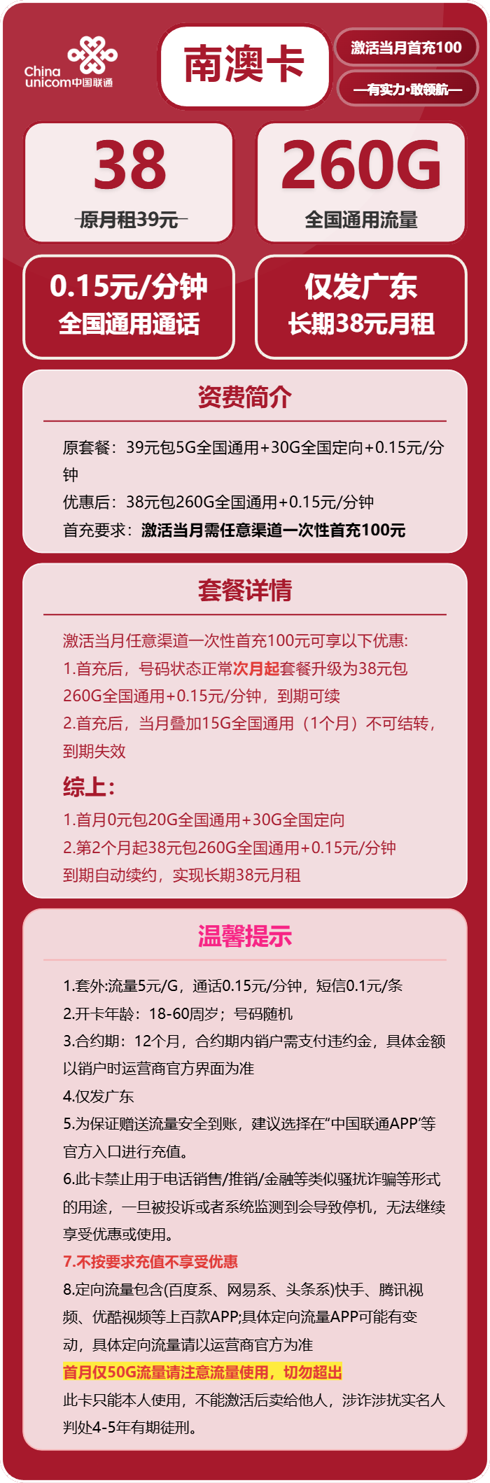 联通南奥卡38元月租包260G通用+通话0.15元/分钟