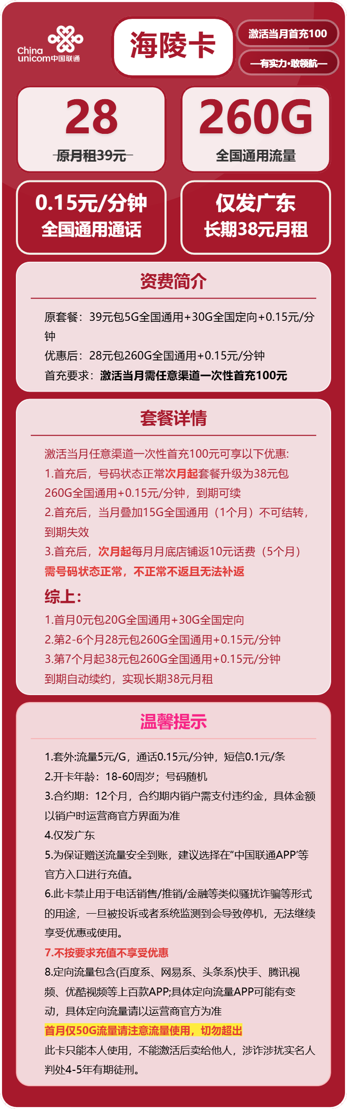 联通海陵卡28元月租包260G通用+通话0.15元/分钟