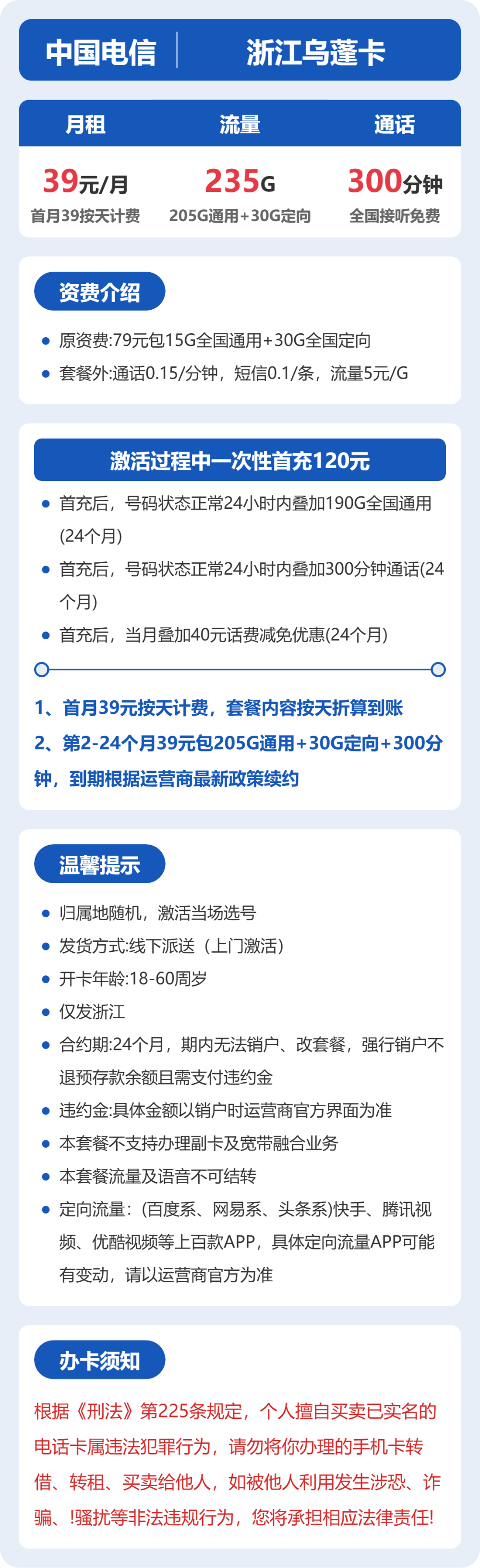 电信乌蓬卡39元月租包205G通用+30G定向+300分钟通话