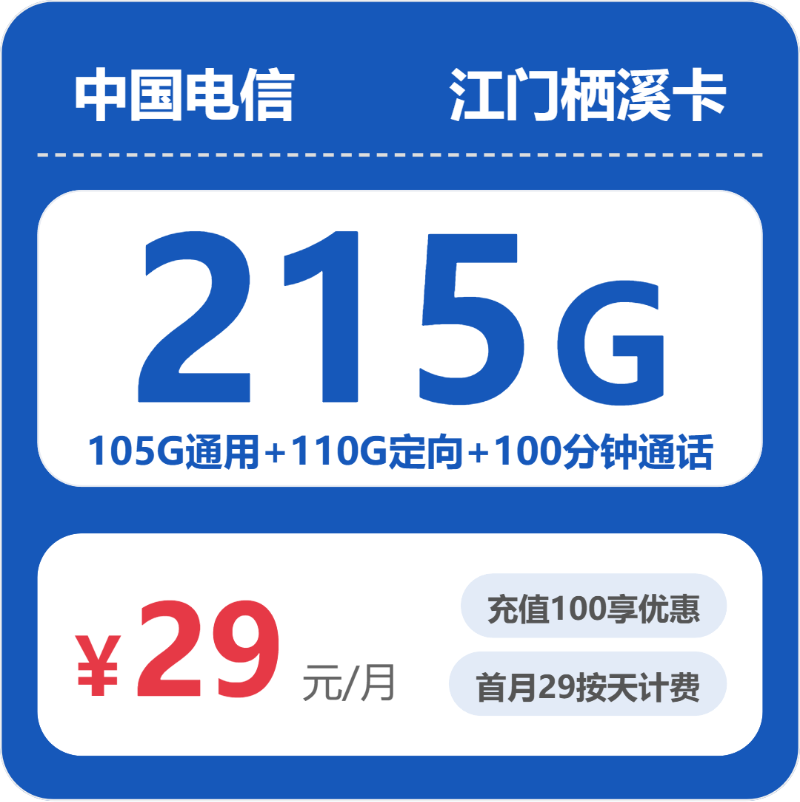 电信栖息卡29元月租包105G通用+100G定向+100分钟通话