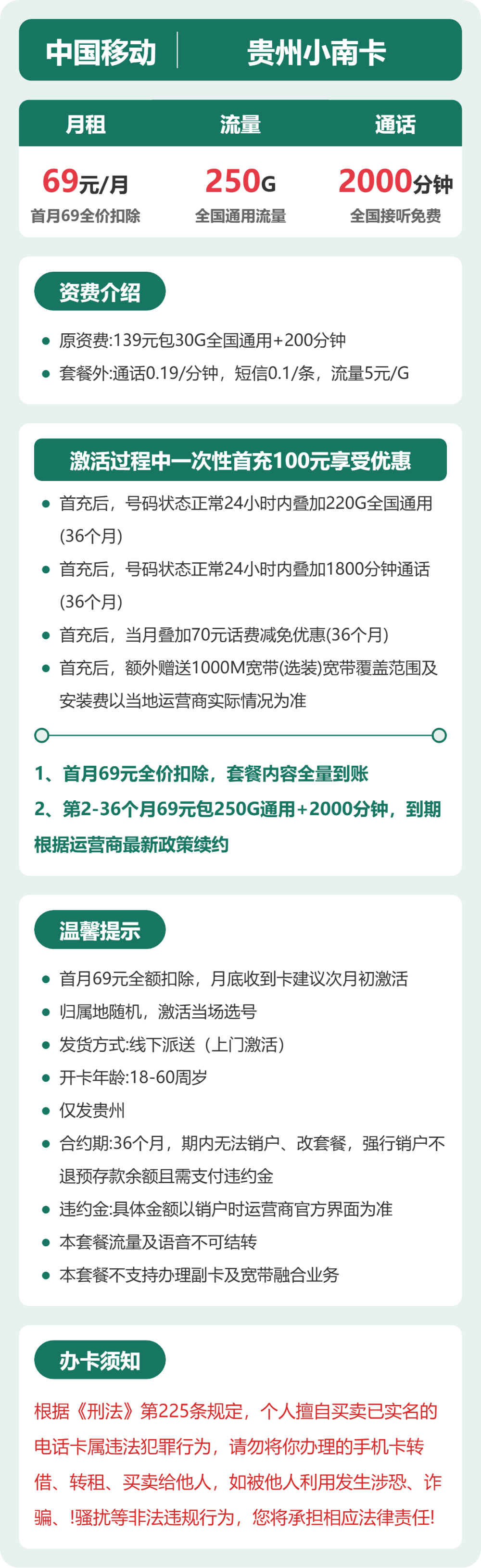 移动小南卡69元月租包250G通用+2000分钟通话+1000M宽带