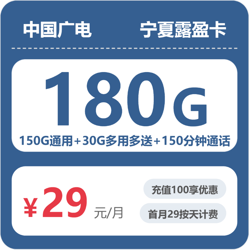 广电露盈卡29元月租包180G通用+150分钟通话