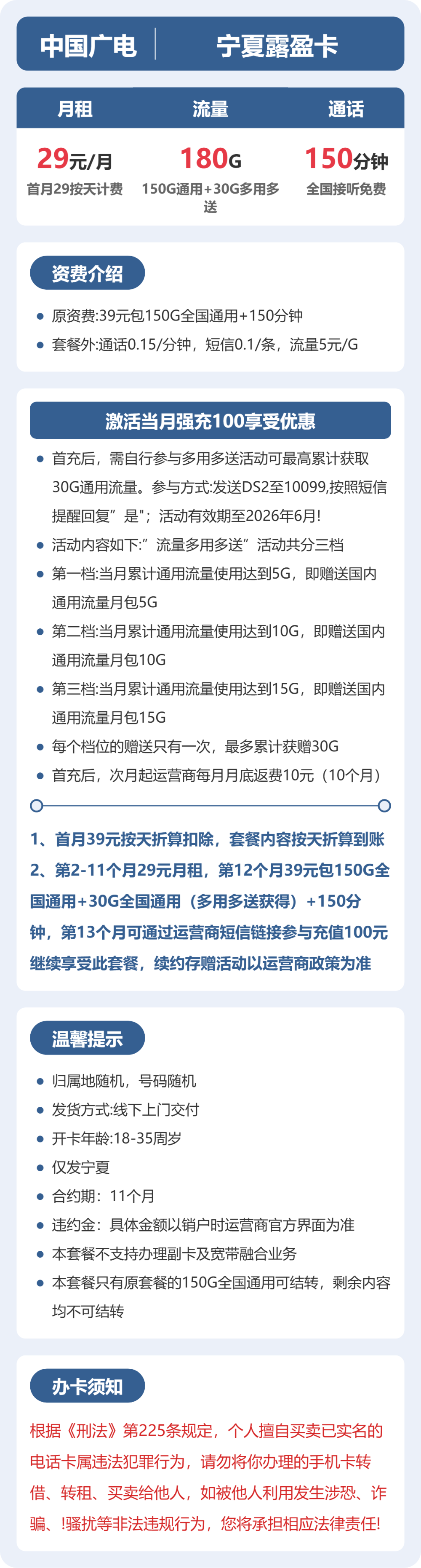 广电露盈卡29元月租包180G通用+150分钟通话