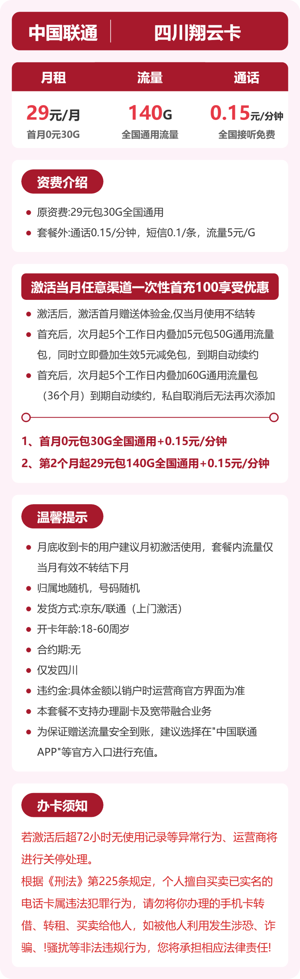 联通翔云卡29元月租包140G通用+通话0.15元/分钟