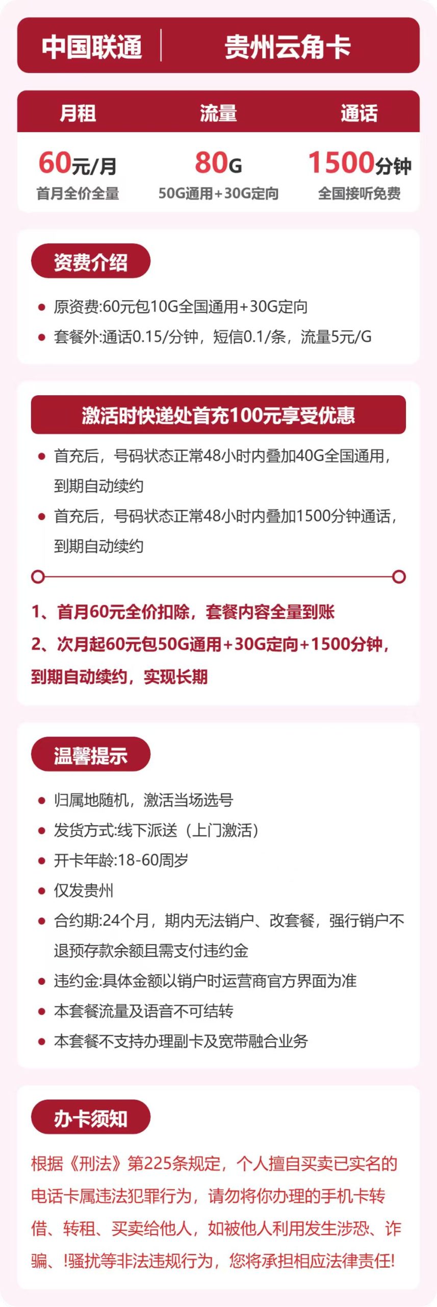 联通云角卡60元月租包50G通用+30G定向+1500分钟通话