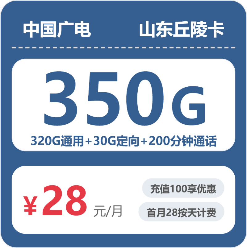 广电丘陵卡28元月租包320G通用+30G定向+200分钟通话