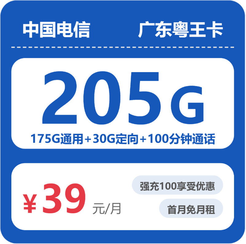 电信粤王卡39元月租包175G通用+30G定向+100分钟通话