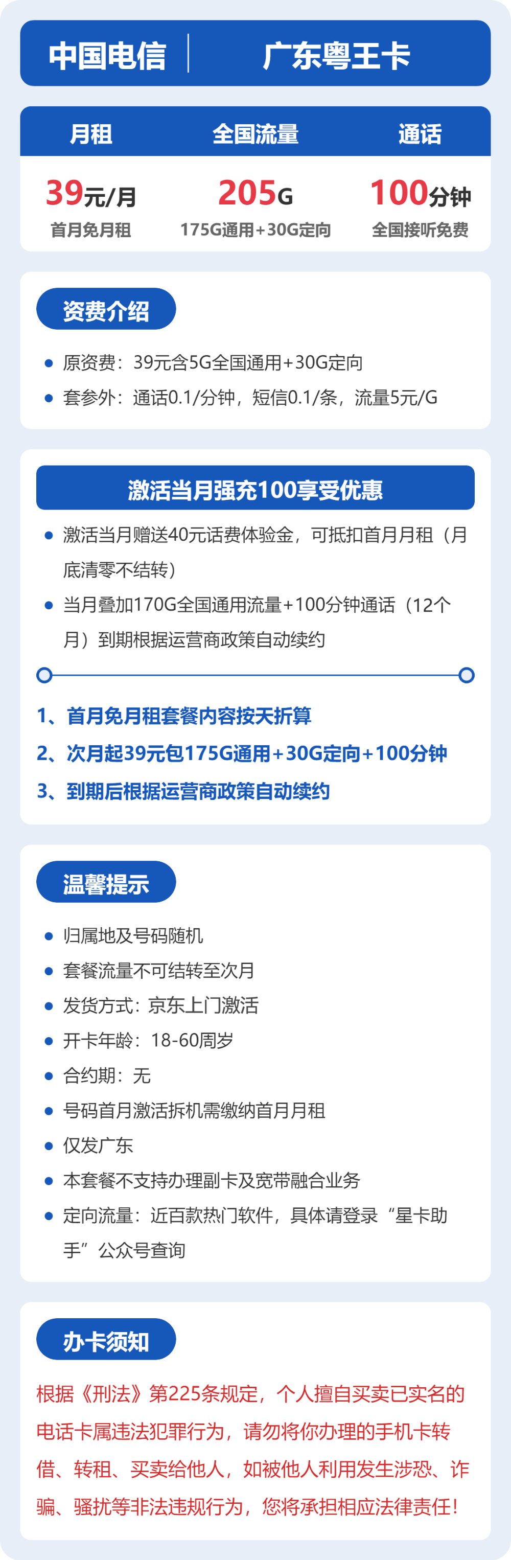 电信粤王卡39元月租包175G通用+30G定向+100分钟通话