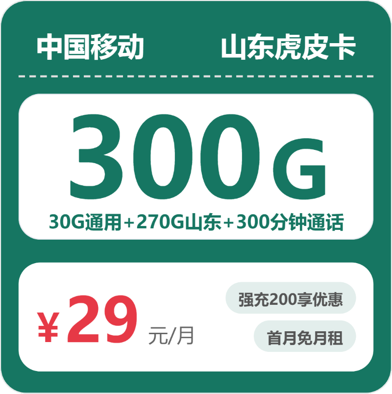 移动虎皮卡29元月租包300G通用+300分钟通话
