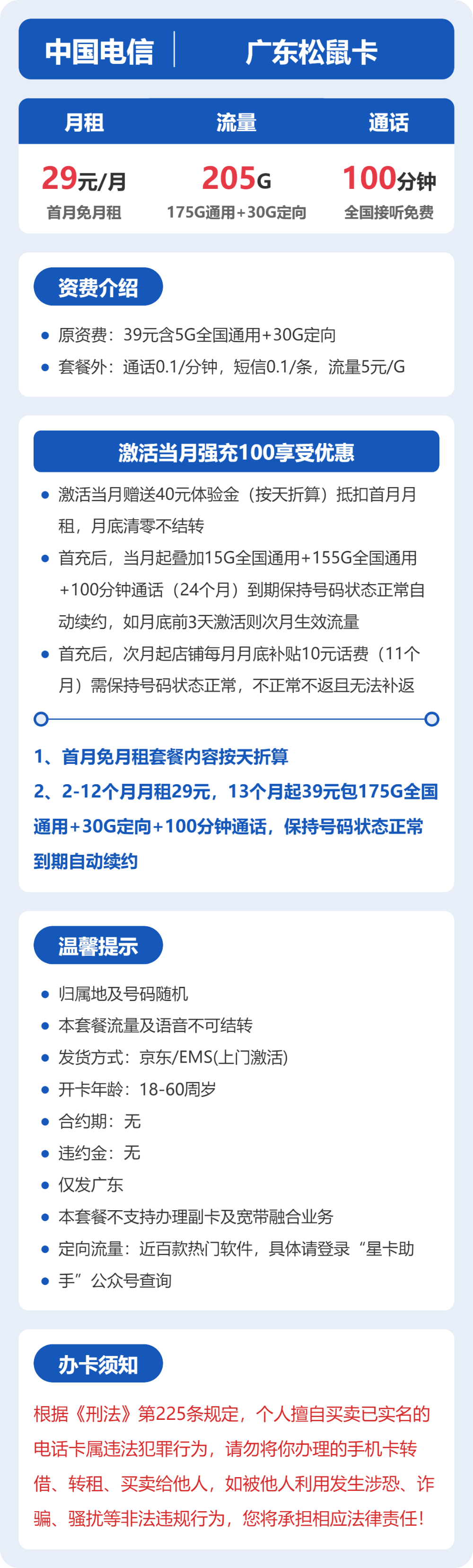 电信松鼠卡29元月租包175G通用+30G定向+100分钟通话