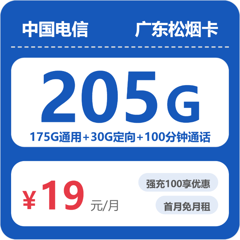 电信松烟卡19元月租包175G通用+30G定向+100分钟通话