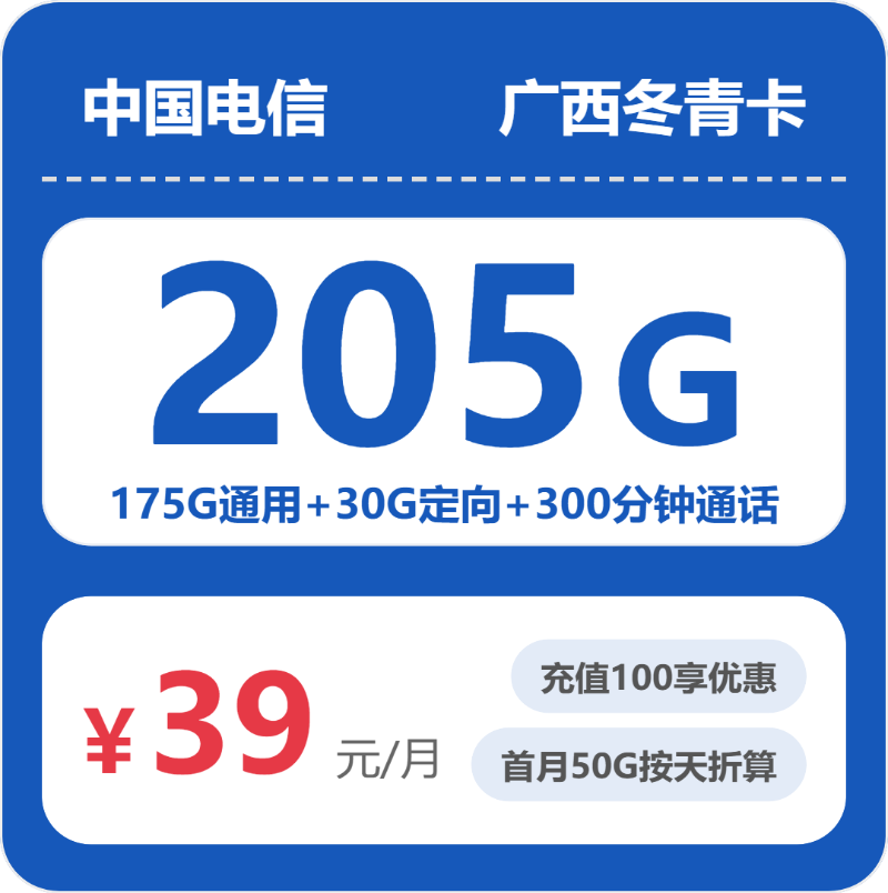电信冬青卡39元月租包175G通用+30G定向+300分钟通话