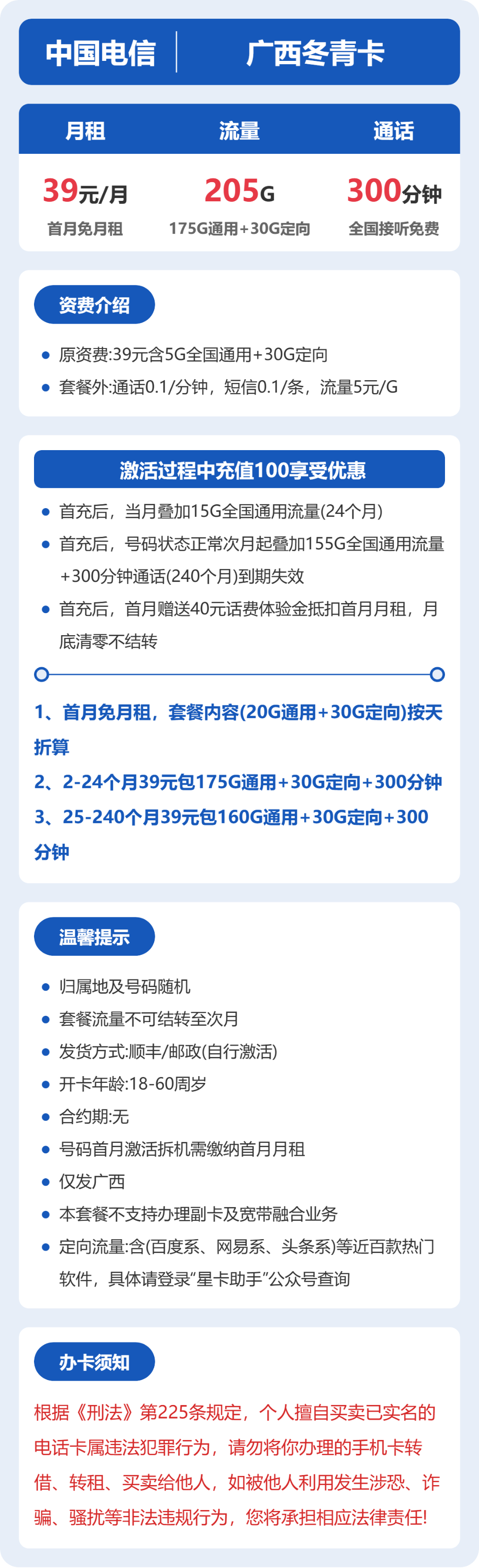 电信冬青卡39元月租包175G通用+30G定向+300分钟通话