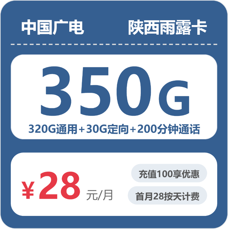 广电雨露卡28元月租包320G通用+30G定向+200分钟通话
