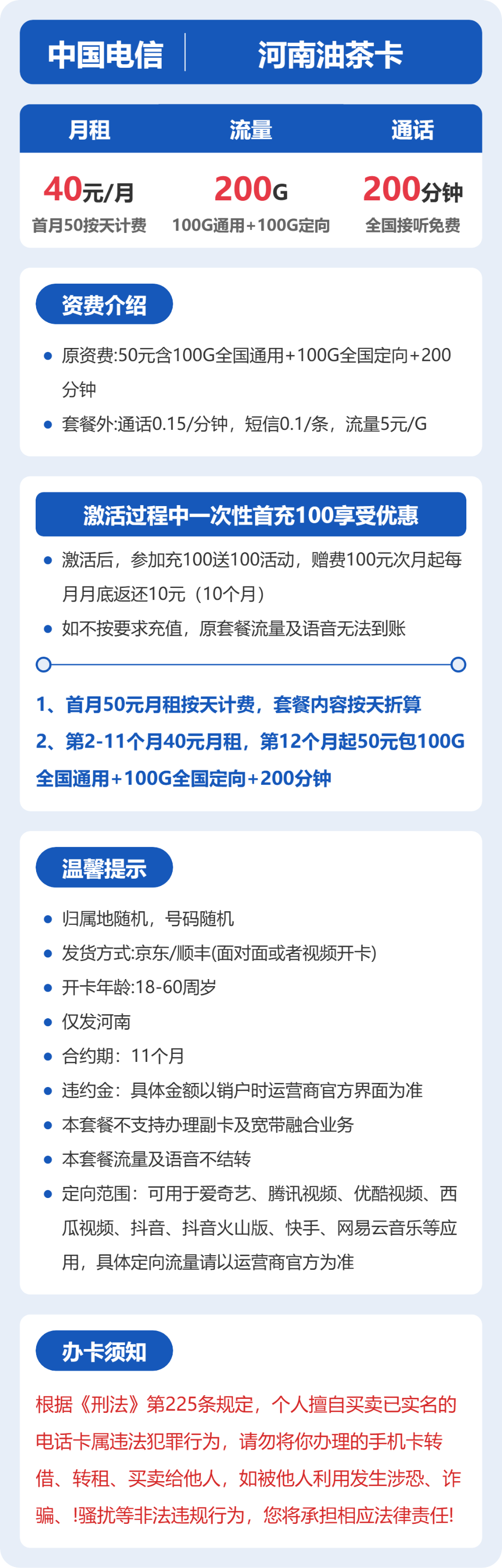电信油茶卡40元月租包100G通用+100G定向+200分钟通话