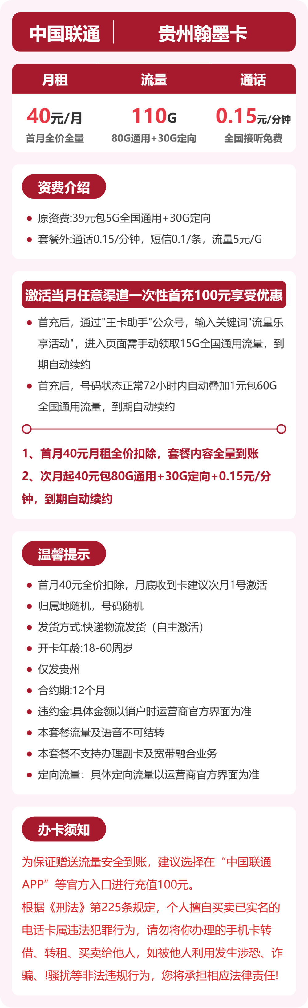 联通翰墨卡40元月租包80G通用+30G定向+通话0.15元/分钟