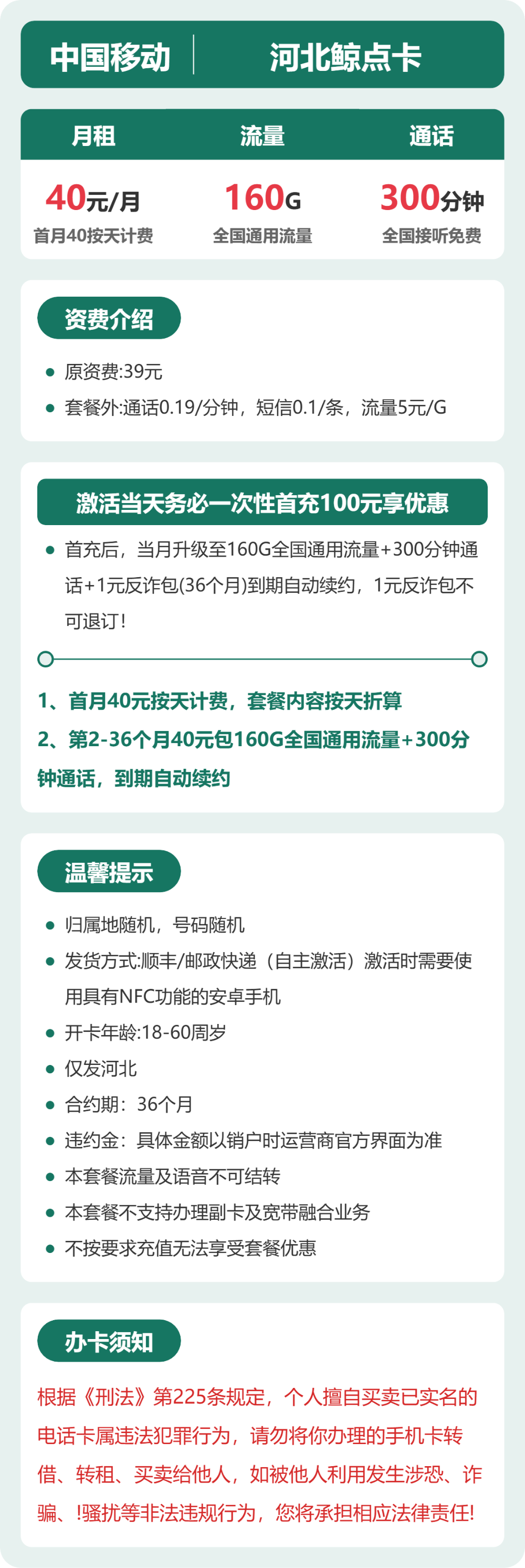 移动鲸点卡40元月租包160G通用+300分钟通话