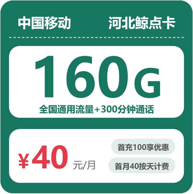移动鲸点卡40元月租包160G通用+300分钟通话
