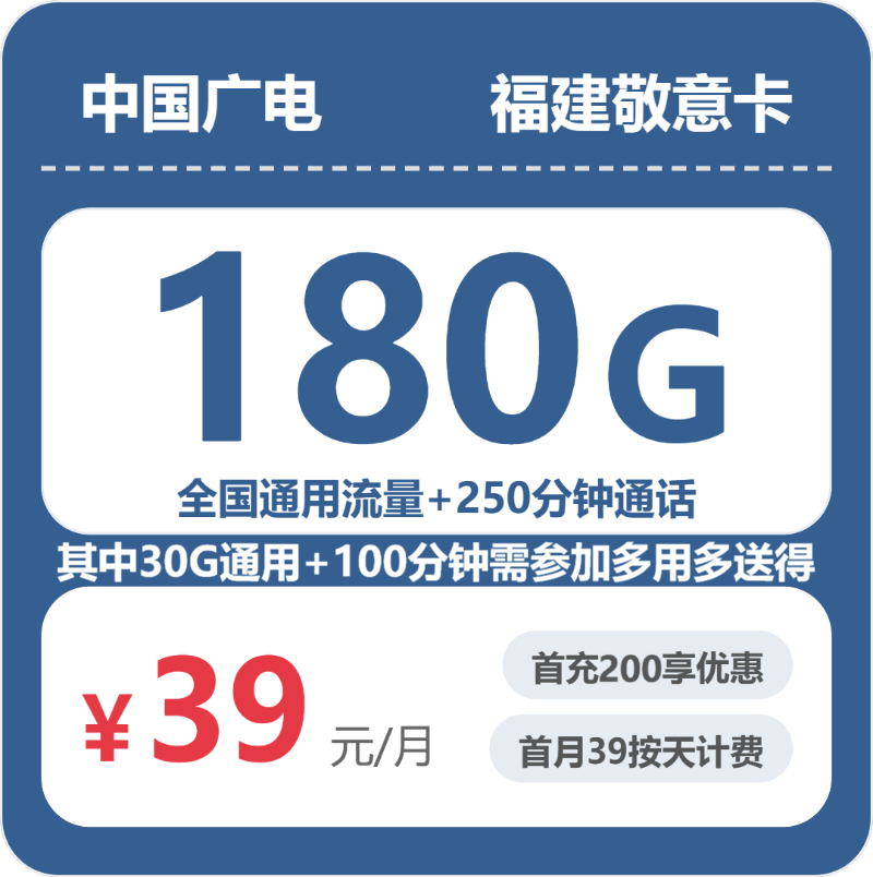 广电敬意卡39元月租包180G通用+250分钟通话