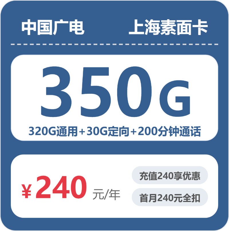 广电素面卡20元月租包320G通用+30G定向+200分钟通话