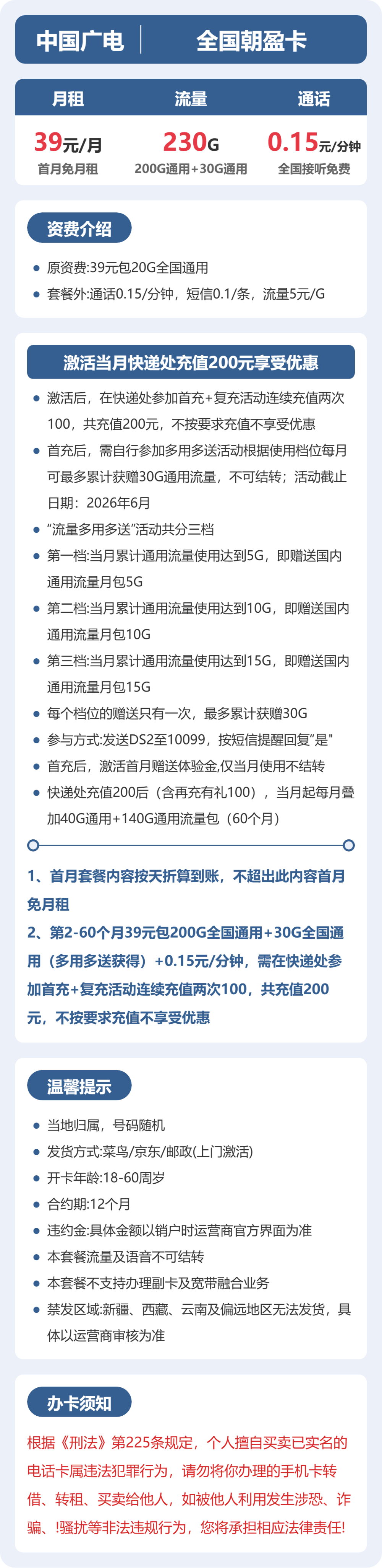 广电朝盈卡39元月租包230G通用+通话0.15元/分钟