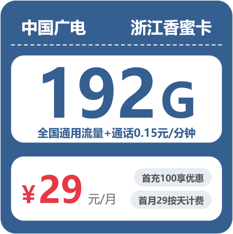 广电香蜜卡29元月租包192G通用+通话0.15元/分钟