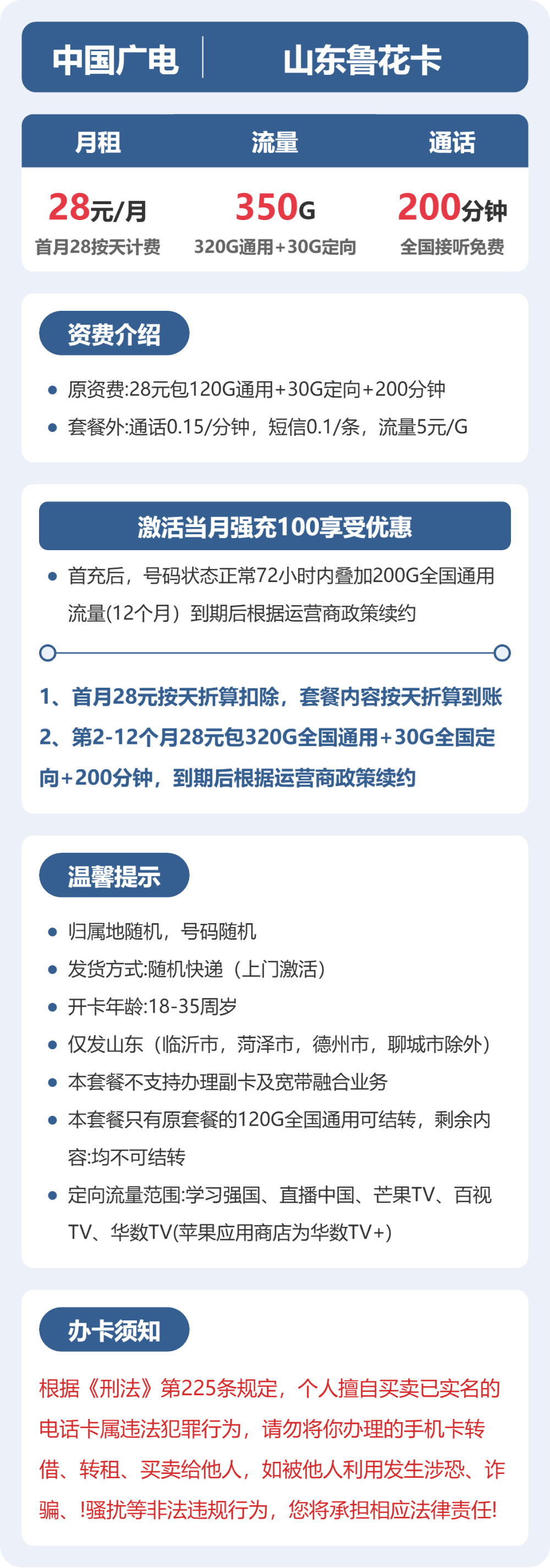 广电鲁花卡28元月租包320G通用+30G定向+200分钟通话