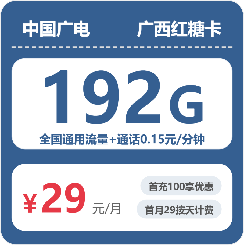 广电红糖卡29元月租包192G通用+通话0.15元/分钟