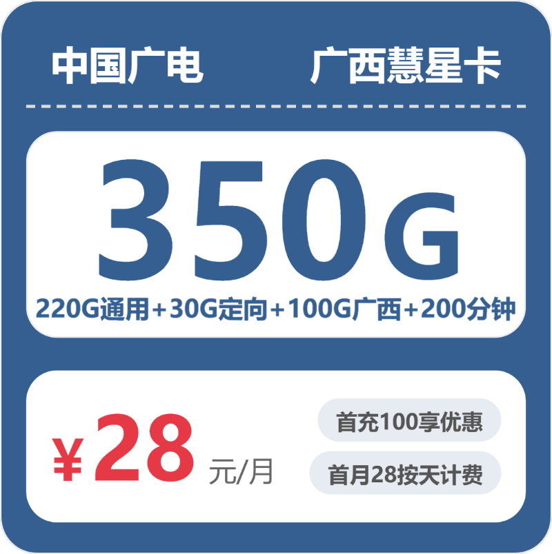 广电慧星卡28元月租包320G通用+30G定向+200分钟通话