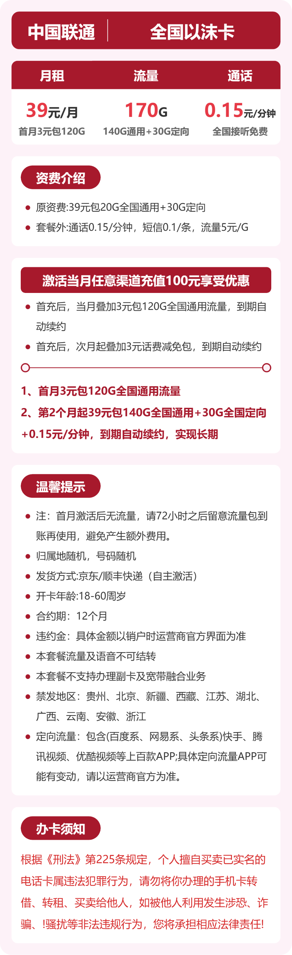 联通以沫卡39元月租包140G通用+30G定向+通话0.15元/分钟